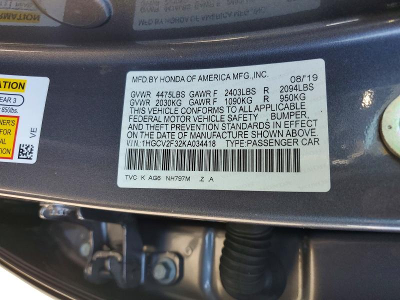 Продаж на аукціоні авто 2019 Honda Accord, vin: 1HGCV2F32KA034418, номер лоту: 53800876