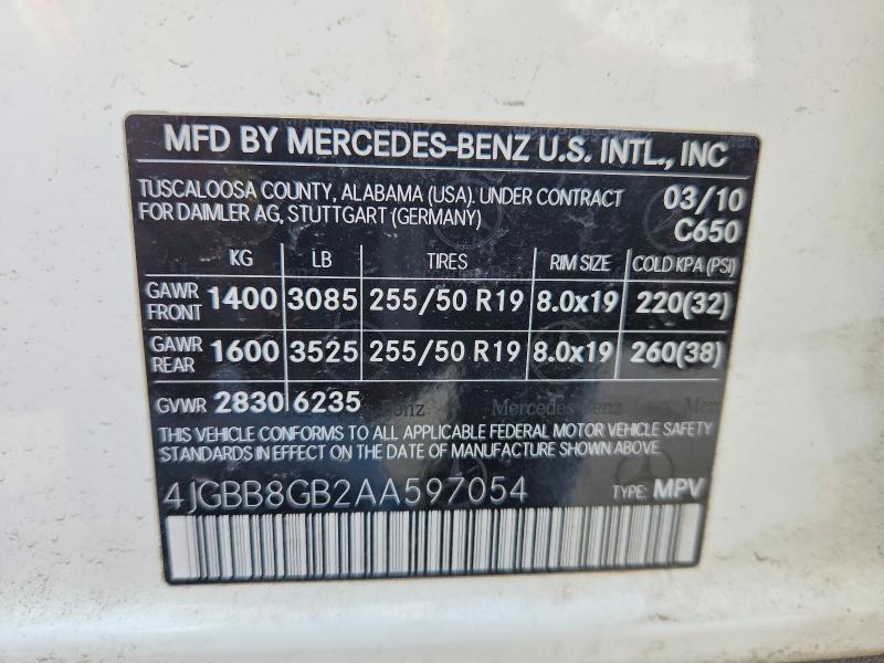 Aukcja sprzedaży 2010 Mercedes-benz Ml, vin: 4JGBB8GB2AA597054, numer aukcji: 55059366
