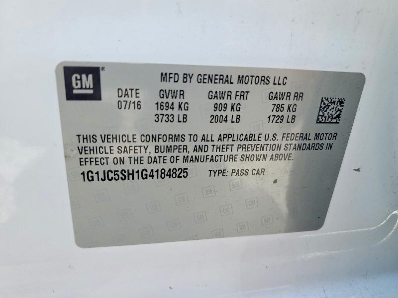 Aukcja sprzedaży 2016 Chevrolet Sonic, vin: 1G1JC5SH1G4184825, numer aukcji: 55137376