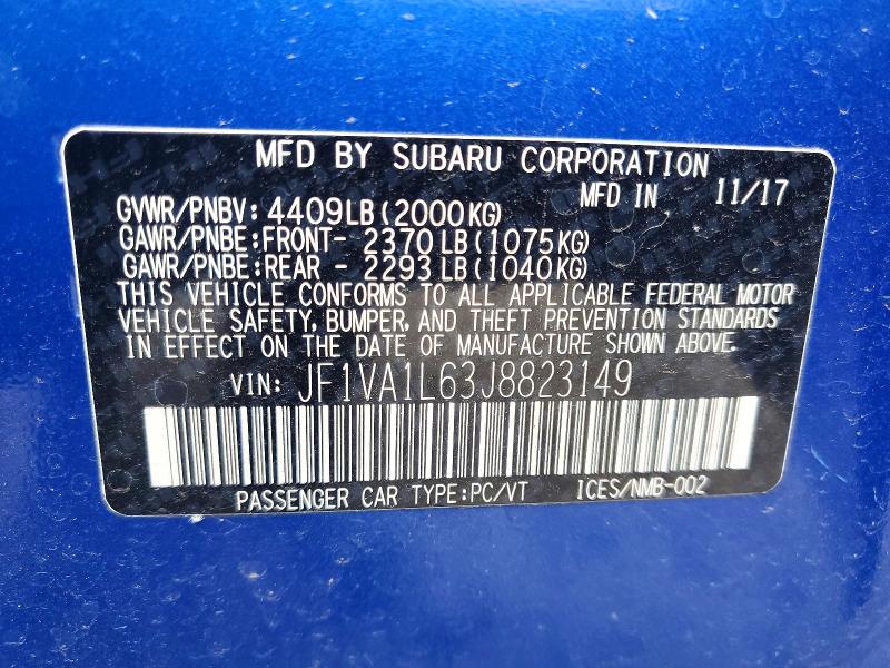 Aukcja sprzedaży 2018 Subaru Wrx, vin: JF1VA1L63J8823149, numer aukcji: 55356076