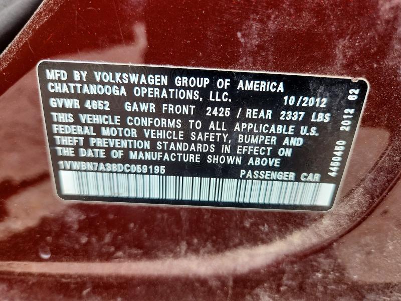 Продажа на аукционе авто 2013 Volkswagen Passat, vin: 1VWBN7A38DC059195, номер лота: 55462206