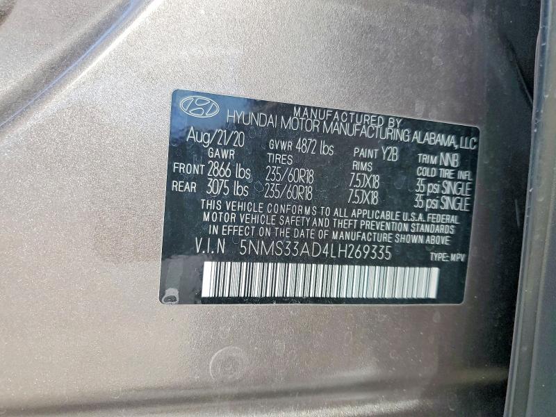 2020 Hyundai Santa Fe მანქანა იყიდება აუქციონზე, vin: 5NMS33AD4LH269335, აუქციონის ნომერი: 54910926