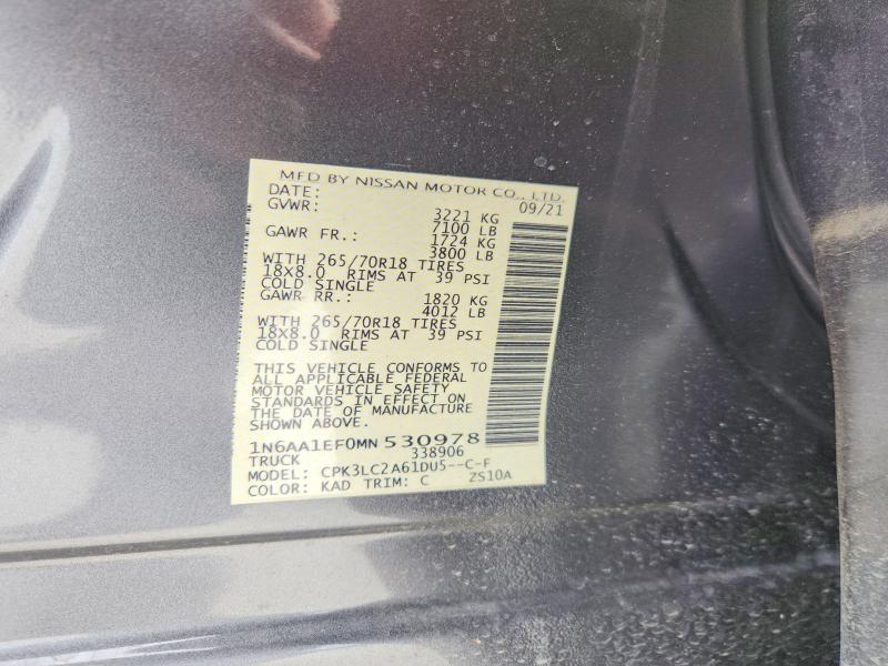 2021 Nissan Titan მანქანა იყიდება აუქციონზე, vin: 1N6AA1EF0MN530978, აუქციონის ნომერი: 52417646