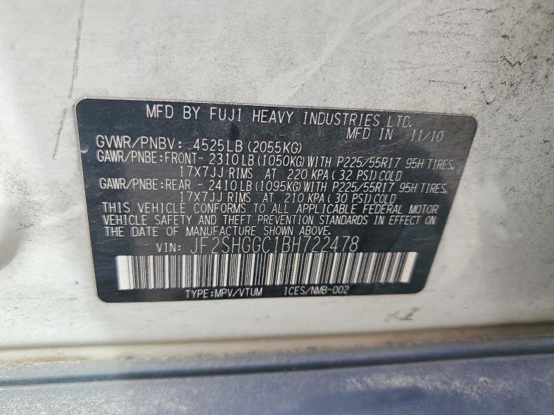 2011 Subaru Forester მანქანა იყიდება აუქციონზე, vin: JF2SHGGC1BH722478, აუქციონის ნომერი: 54615556