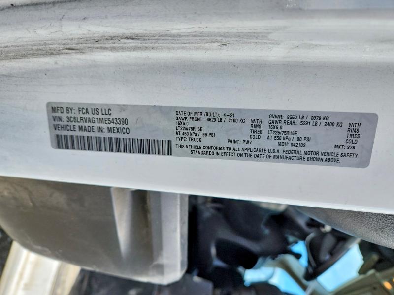 2021 Ram Promaster 1500 მანქანა იყიდება აუქციონზე, vin: 3C6LRVAG1ME543390, აუქციონის ნომერი: 54411616