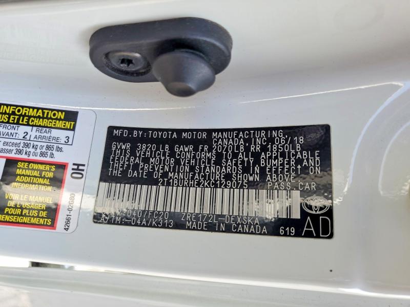 Продаж на аукціоні авто 2019 Toyota Corolla, vin: 2T1BURHE2KC129075, номер лоту: 52813586