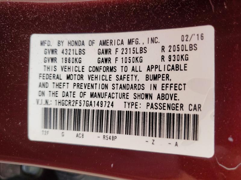54470066 :رقم المزاد ، 1HGCR2F57GA149724 vin ، 2016 Honda Accord مزاد بيع