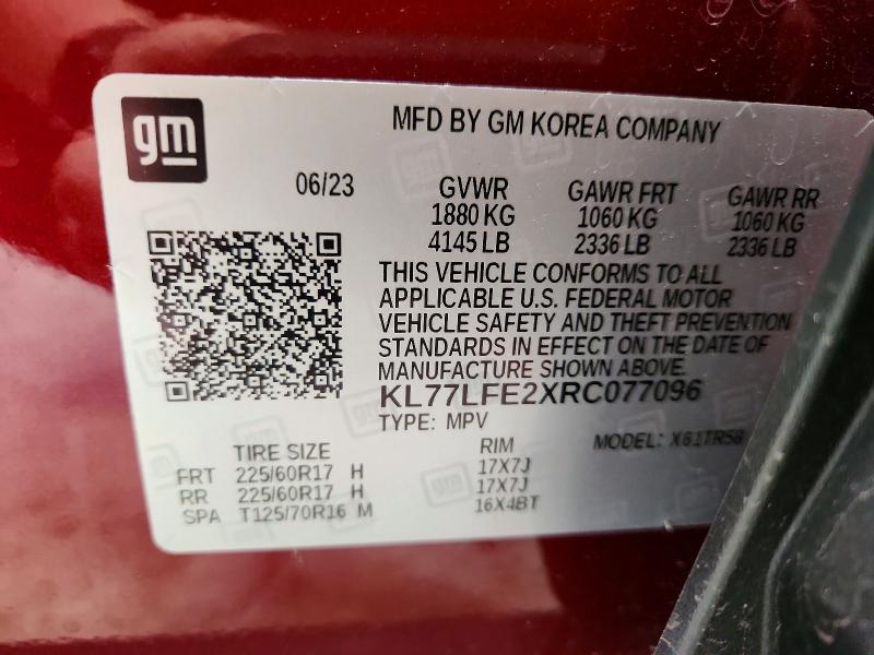 2024 Chevrolet Trax მანქანა იყიდება აუქციონზე, vin: KL77LFE2XRC077096, აუქციონის ნომერი: 52997356