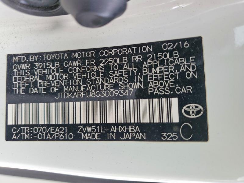 54603566 :رقم المزاد ، JTDKARFU8G3009347 vin ، 2016 Toyota Prius مزاد بيع