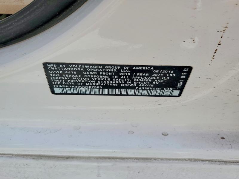 Продаж на аукціоні авто 2012 Volkswagen Passat, vin: 1VWBH7A39CC087383, номер лоту: 53086956