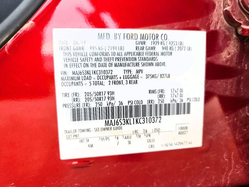2019 Ford Ecosport მანქანა იყიდება აუქციონზე, vin: MAJ6S3KL1KC310372, აუქციონის ნომერი: 54705576