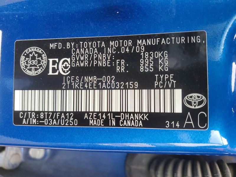 53569306 :رقم المزاد ، 2T1KE4EE1AC032159 vin ، 2010 Toyota Corolla Matrix مزاد بيع