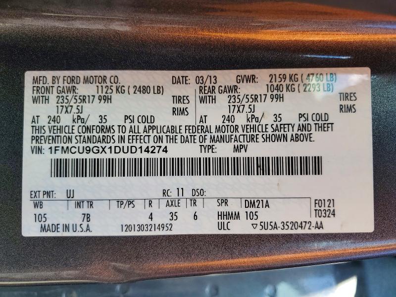 2013 Ford Escape მანქანა იყიდება აუქციონზე, vin: 1FMCU9GX1DUD14274, აუქციონის ნომერი: 51470646