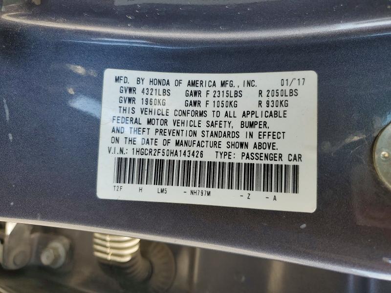 53229646 :رقم المزاد ، 1HGCR2F50HA143426 vin ، 2017 Honda Accord مزاد بيع
