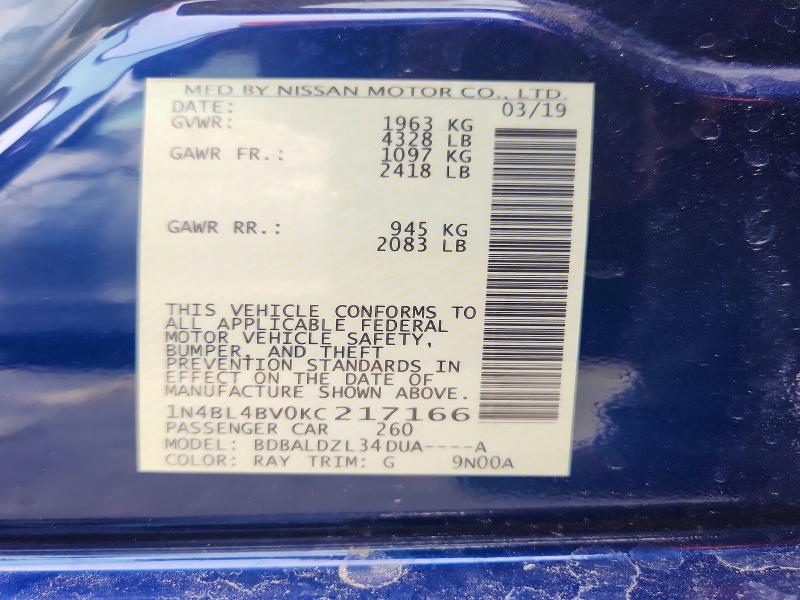 Продажа на аукционе авто 2019 Nissan Altima, vin: 1N4BL4BV0KC217166, номер лота: 54403456