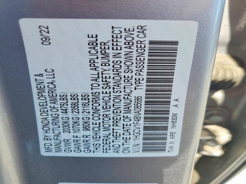 54456616 :رقم المزاد ، 1HGCV1F48NA085686 vin ، 2022 Honda Accord مزاد بيع