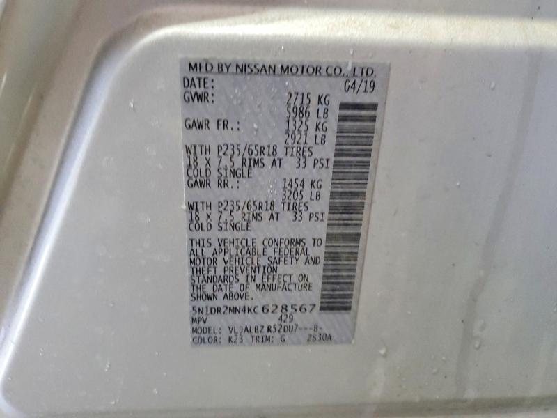 54113336 :رقم المزاد ، 5N1DR2MN4KC628567 vin ، 2019 Nissan Pathfinder مزاد بيع