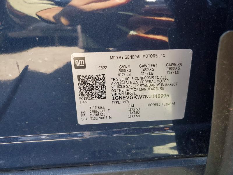 52179906 :رقم المزاد ، 1GNEVGKW7NJ148995 vin ، 2022 Chevrolet Traverse مزاد بيع