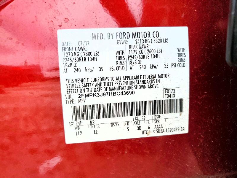2017 Ford Edge მანქანა იყიდება აუქციონზე, vin: 2FMPK3J97HBC43690, აუქციონის ნომერი: 54432576
