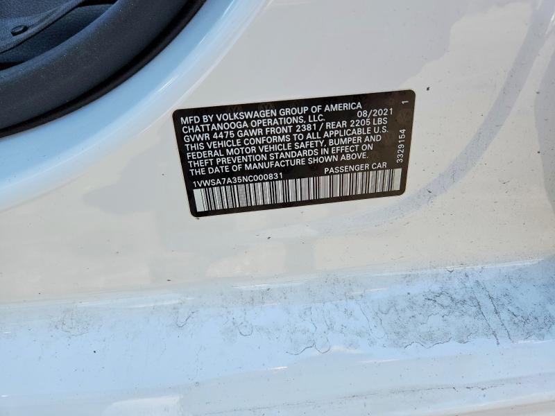 Продажа на аукционе авто 2022 Volkswagen Passat, vin: 1VWSA7A35NC000831, номер лота: 53612796