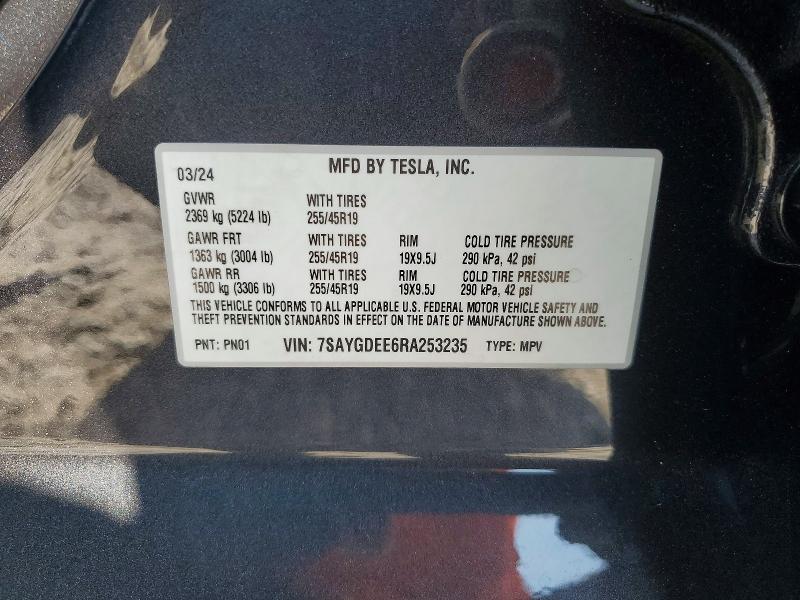 53808756 :رقم المزاد ، 7SAYGDEE6RA253235 vin ، 2024 Tesla Model Y مزاد بيع