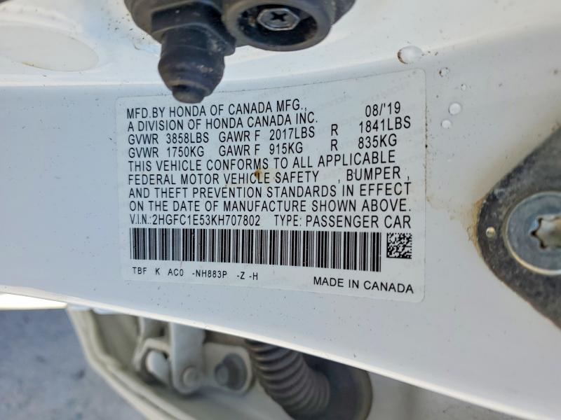 2019 Honda Civic მანქანა იყიდება აუქციონზე, vin: 2HGFC1E53KH707802, აუქციონის ნომერი: 52752436