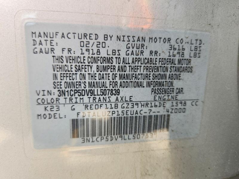 52192586 :رقم المزاد ، 3N1CP5DV9LL507839 vin ، 2020 Nissan Kicks مزاد بيع