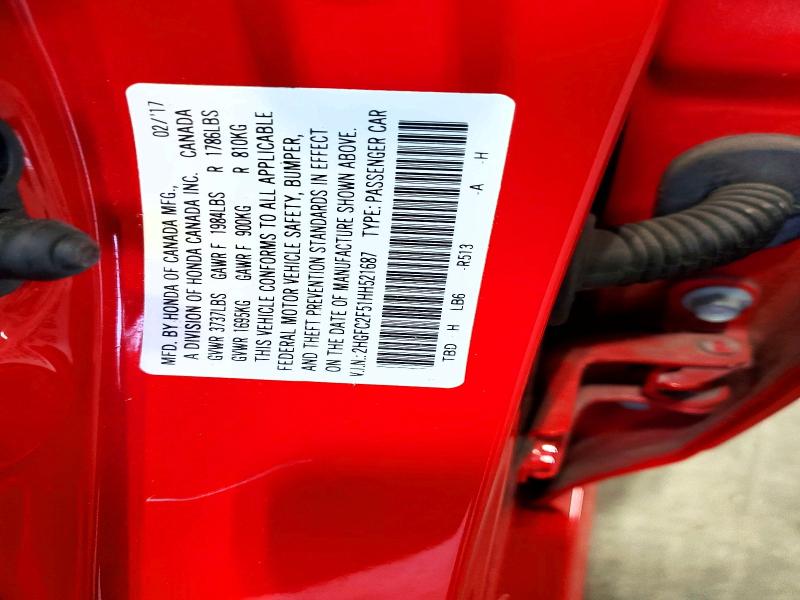 2017 Honda Civic მანქანა იყიდება აუქციონზე, vin: 2HGFC2F51HH521687, აუქციონის ნომერი: 54254876