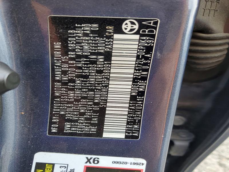 55187956 :رقم المزاد ، 5YFBURHE1GP368091 vin ، 2016 Toyota Corolla مزاد بيع