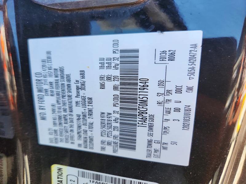 2021 Ford Mustang მანქანა იყიდება აუქციონზე, vin: 1FA6P8CF0M5119640, აუქციონის ნომერი: 53357836