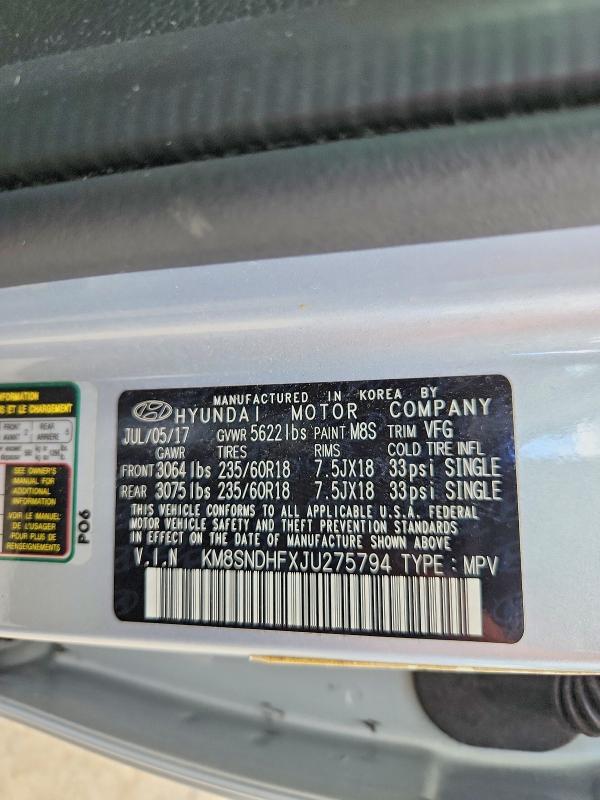 2018 Hyundai Santa Fe მანქანა იყიდება აუქციონზე, vin: KM8SNDHFXJU275794, აუქციონის ნომერი: 55088826