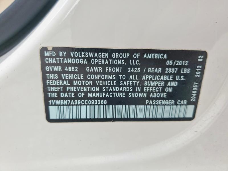 Aukcja sprzedaży 2012 Volkswagen Passat, vin: 1VWBN7A39CC093368, numer aukcji: 52870926