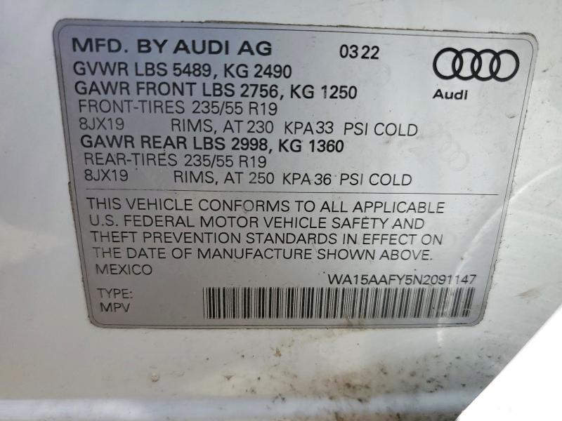 52118886 :رقم المزاد ، WA15AAFY5N2091147 vin ، 2022 Audi Q5 مزاد بيع