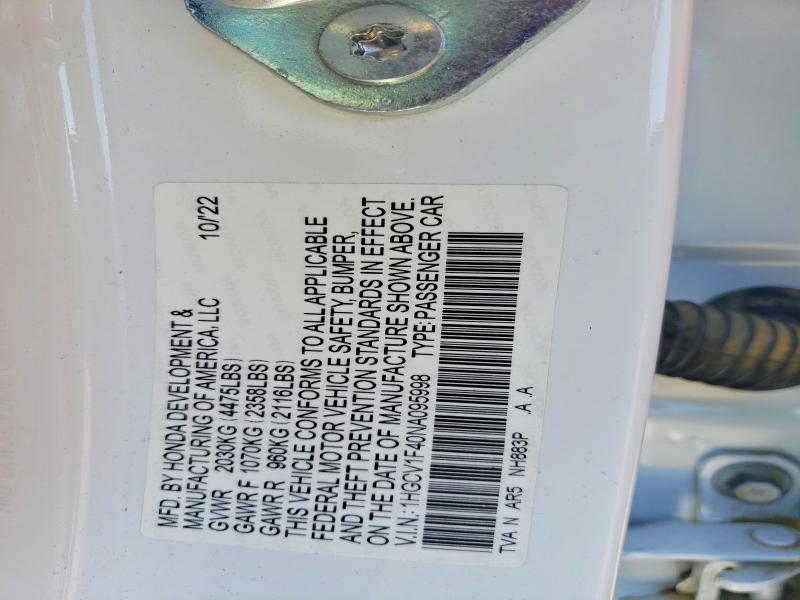 53770816 :رقم المزاد ، 1HGCV1F40NA095998 vin ، 2022 Honda Accord مزاد بيع