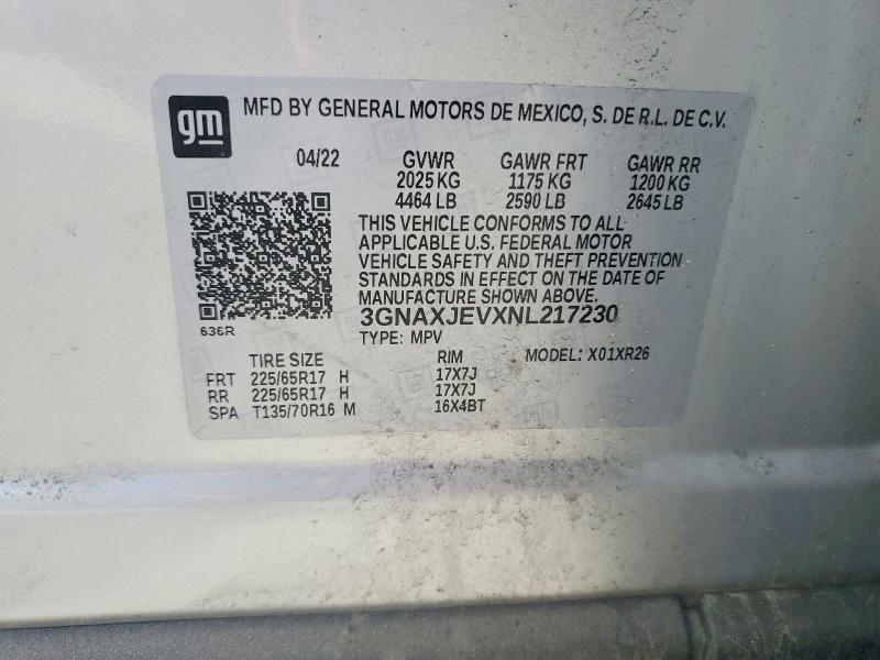 Продаж на аукціоні авто 2022 Chevrolet Equinox, vin: 3GNAXJEVXNL217230, номер лоту: 53911676