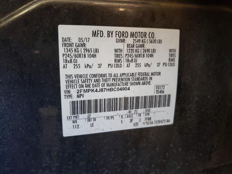 54751516 :رقم المزاد ، 2FMPK4J87HBC04904 vin ، 2017 Ford Edge مزاد بيع