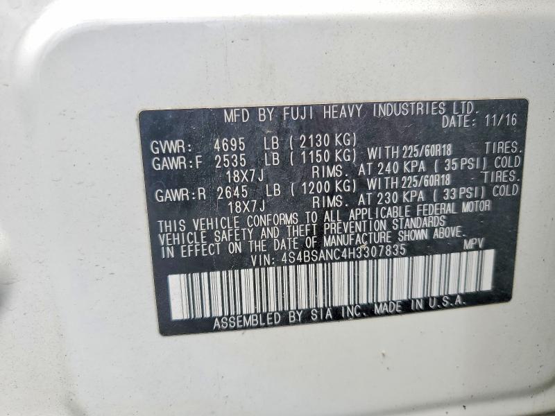 2017 Subaru Outback მანქანა იყიდება აუქციონზე, vin: 4S4BSANC4H3307835, აუქციონის ნომერი: 54466646