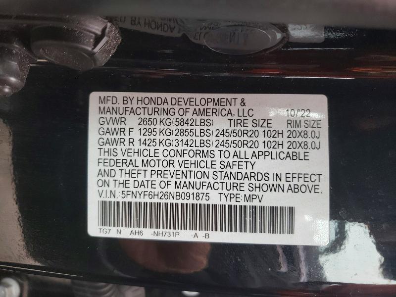 Продаж на аукціоні авто 2022 Honda Pilot, vin: 5FNYF6H26NB091875, номер лоту: 53698076