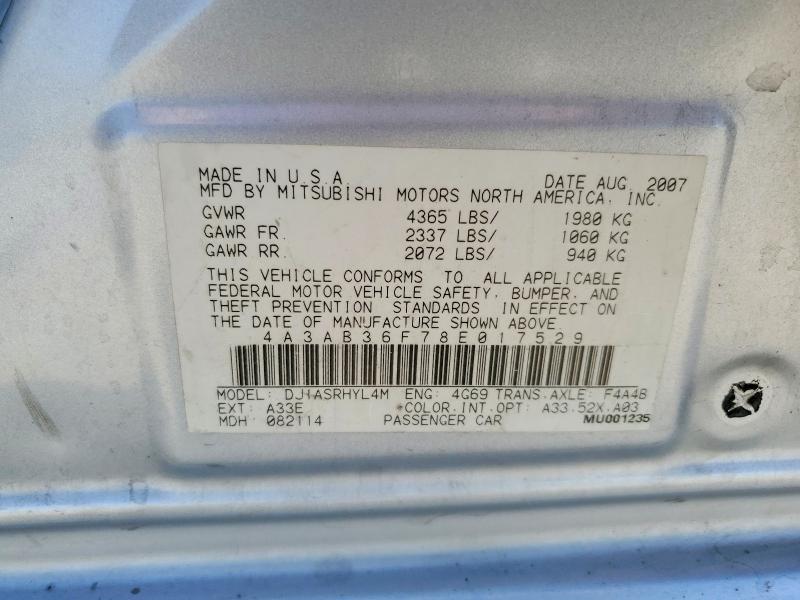 Aukcja sprzedaży 2008 Mitsubishi Galant, vin: 4A3AB36F78E017529, numer aukcji: 54003796