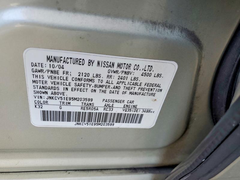 54494276 :رقم المزاد ، JNKCV51E95M203599 vin ، 2005 Infiniti G35 مزاد بيع