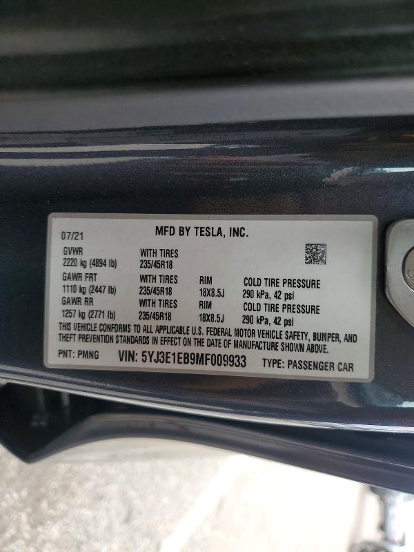 Продажа на аукционе авто 2021 Tesla Model 3, vin: 5YJ3E1EB9MF009933, номер лота: 52778376