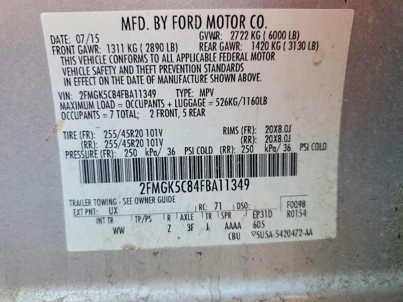 52810256 :رقم المزاد ، 2FMGK5C84FBA11349 vin ، 2015 Ford Flex مزاد بيع