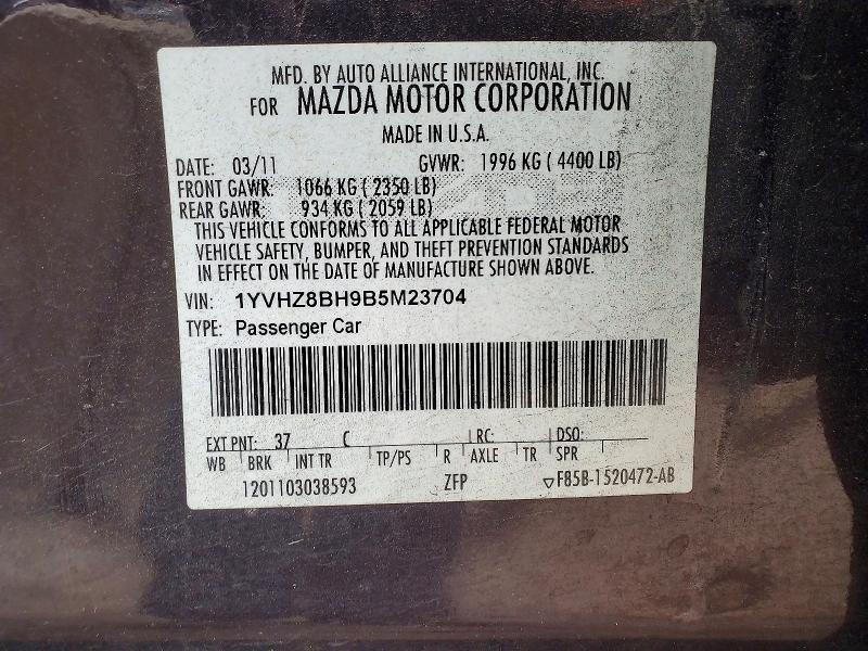 52165946 :رقم المزاد ، 1YVHZ8BH9B5M23704 vin ، 2011 Mazda 6 مزاد بيع