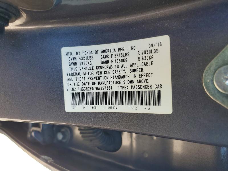 53663456 :رقم المزاد ، 1HGCR2F57HA057384 vin ، 2017 Honda Accord مزاد بيع