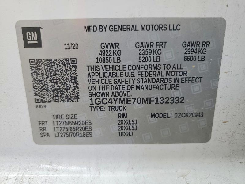 2021 Chevrolet Silverado მანქანა იყიდება აუქციონზე, vin: 1GC4YME70MF132332, აუქციონის ნომერი: 54808236