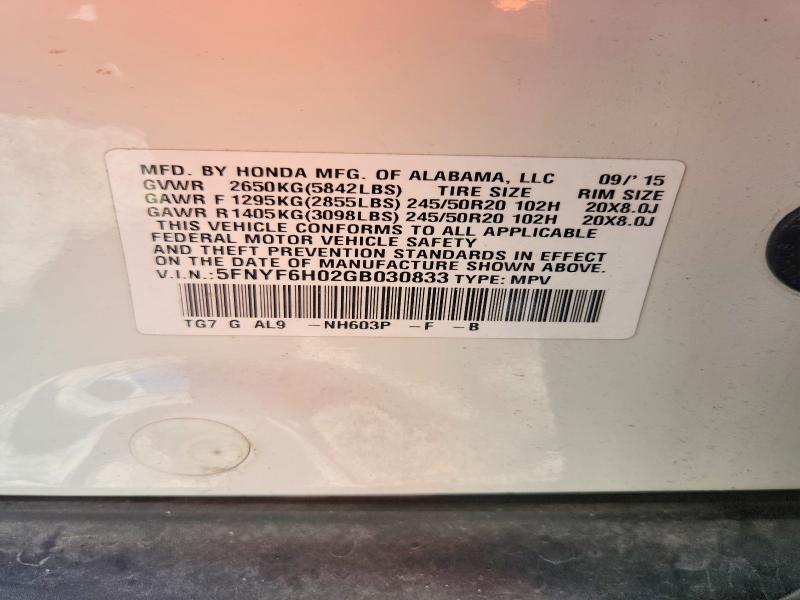 Продажа на аукционе авто 2016 Honda Pilot, vin: 5FNYF6H02GB030833, номер лота: 52696076