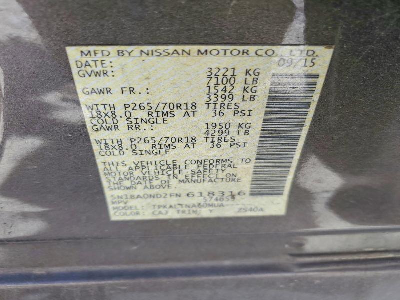 54335726 :رقم المزاد ، 5N1BA0ND2FN618316 vin ، 2015 Nissan Armada مزاد بيع