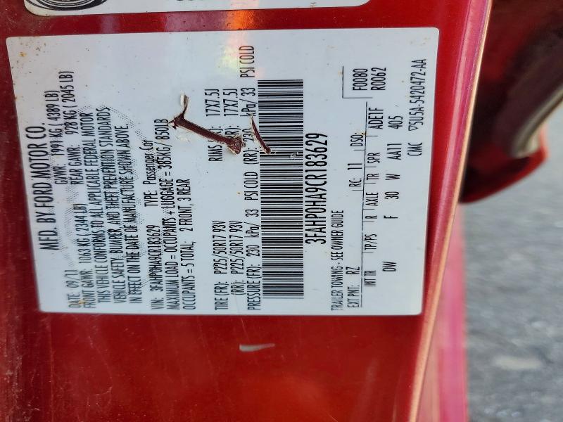 52272496 :رقم المزاد ، 3FAHP0HA9CR183629 vin ، 2012 Ford Fusion مزاد بيع