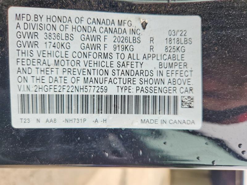 Продажа на аукционе авто 2022 Honda Civic, vin: 2HGFE2F22NH577259, номер лота: 52753006