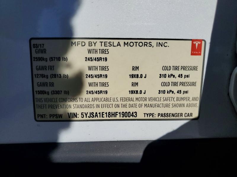 Aukcja sprzedaży 2017 Tesla Model S, vin: 5YJSA1E18HF190043, numer aukcji: 55117536